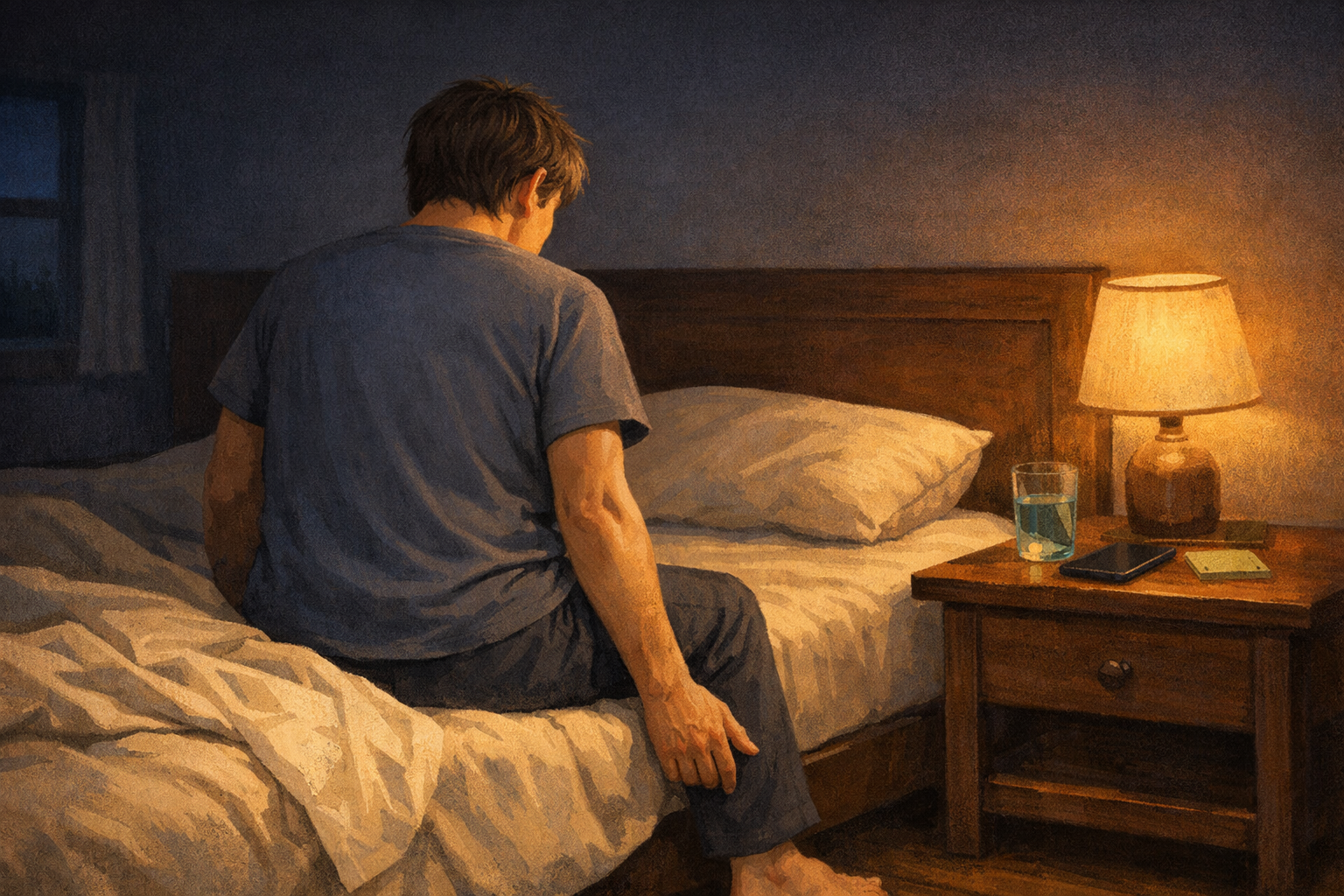 A person sitting on the edge of a bed at night &mdash; one hand gripping the bedsheet, the other lying limp at their side &mdash; the quiet, specific asymmetry of hemiplegic migraine
