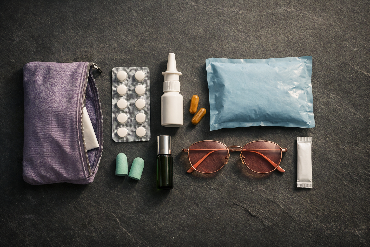 A carefully arranged migraine emergency kit on a dark surface with medications, cold pack, peppermint oil, and FL-41 glasses