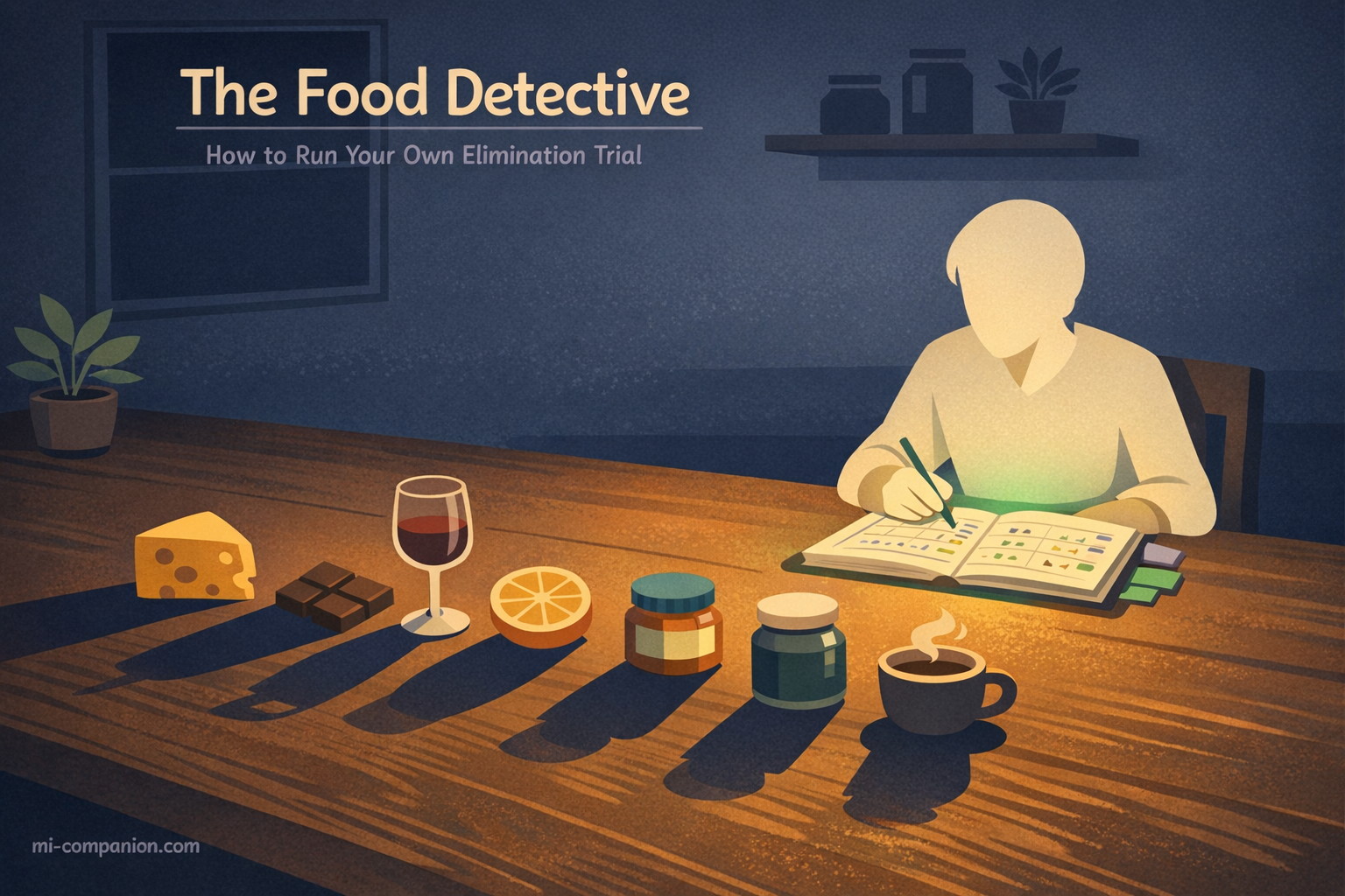A person sitting at a kitchen table late at night, studying a migraine diary surrounded by food suspects — cheese, chocolate, wine, citrus — each casting long shadows across the table