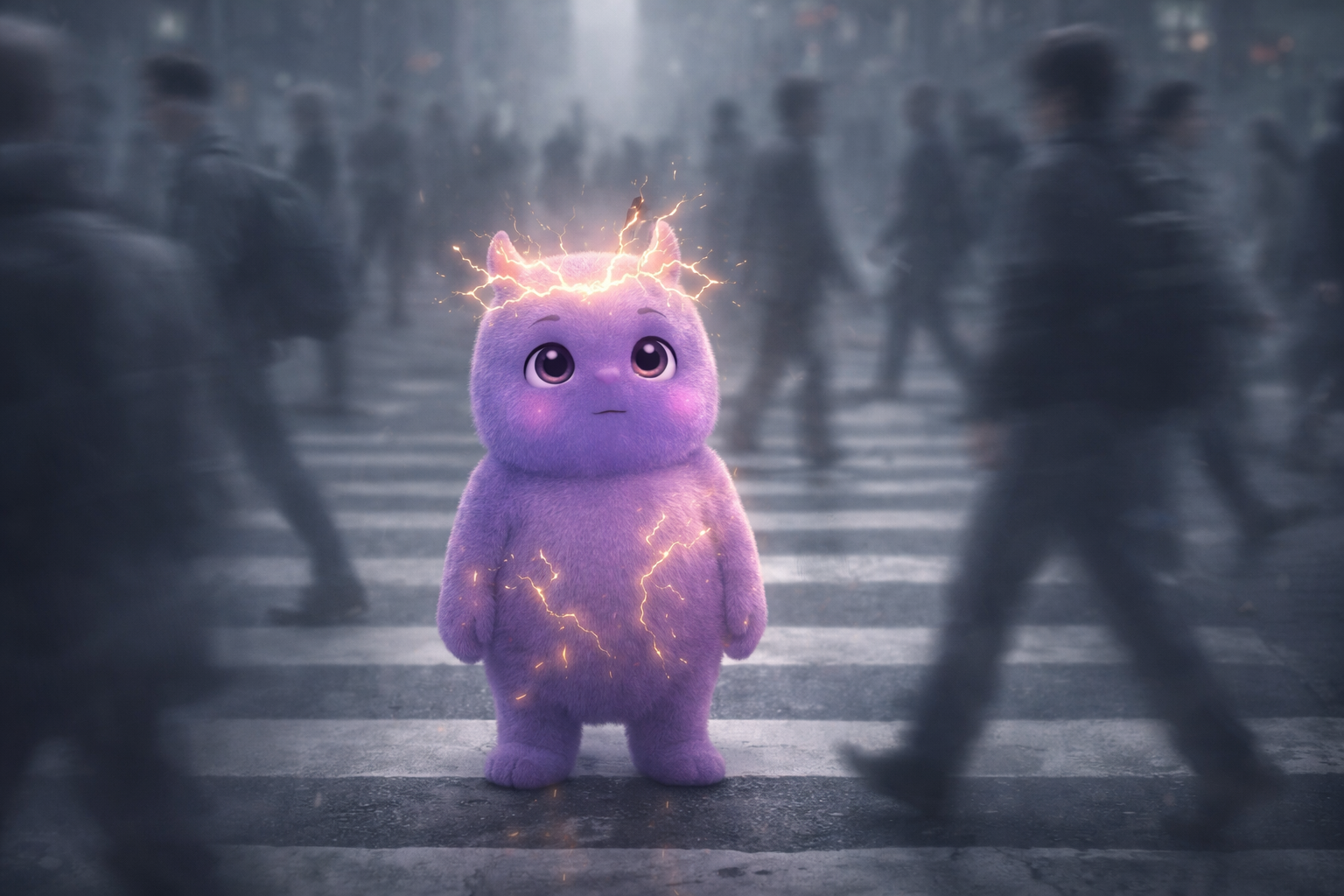 Mi stands alone on a busy crosswalk while blurred figures rush past