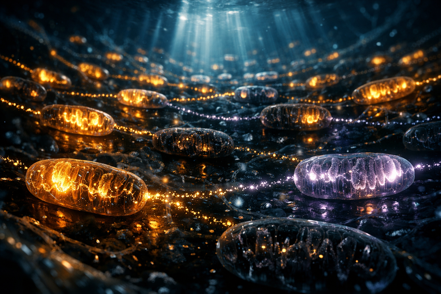 Microscopic view of mitochondria inside a neuron — some glowing brightly, others flickering and fading like a city during a rolling blackout