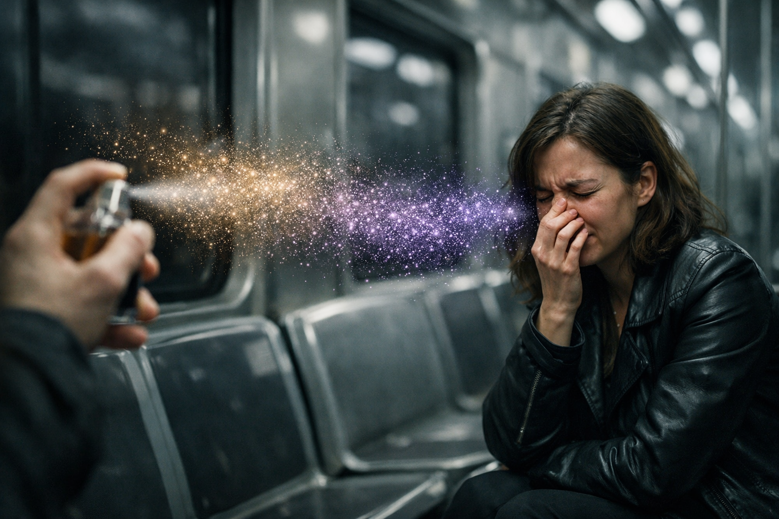 A woman in a dimly lit subway car pressing her hand over her nose as a cloud of luminous perfume particles drifts toward her, transitioning from warm gold to sharp violet