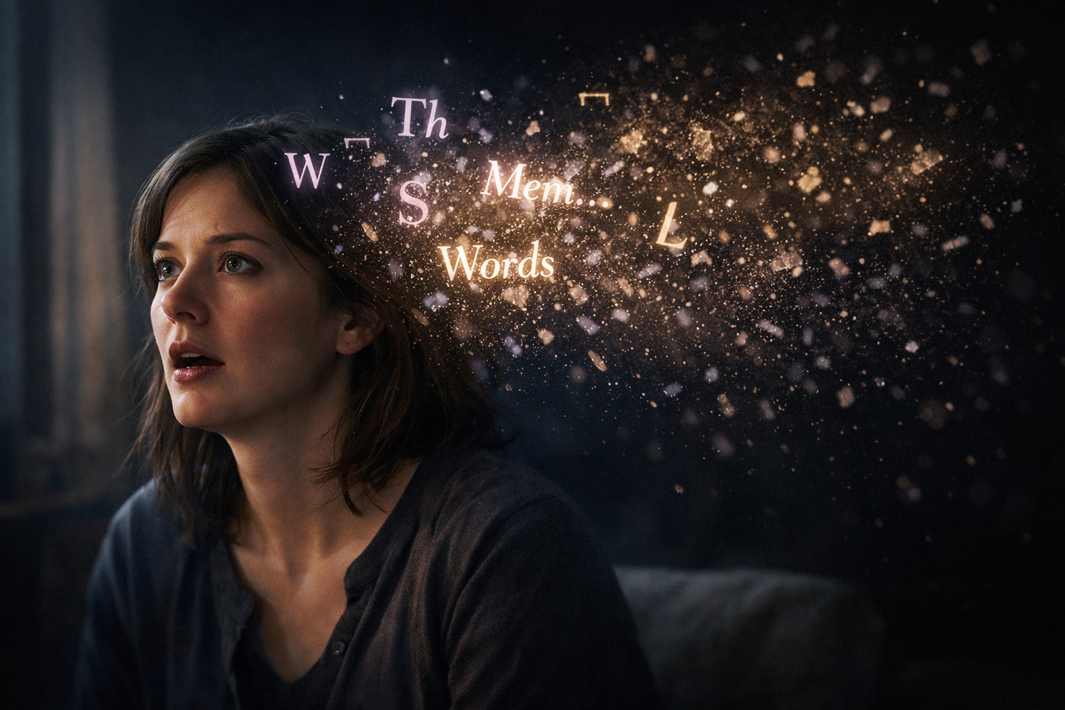 Migraine aphasia visualization: translucent letters and words dissolving from a woman's mind into particles of light against a dark background