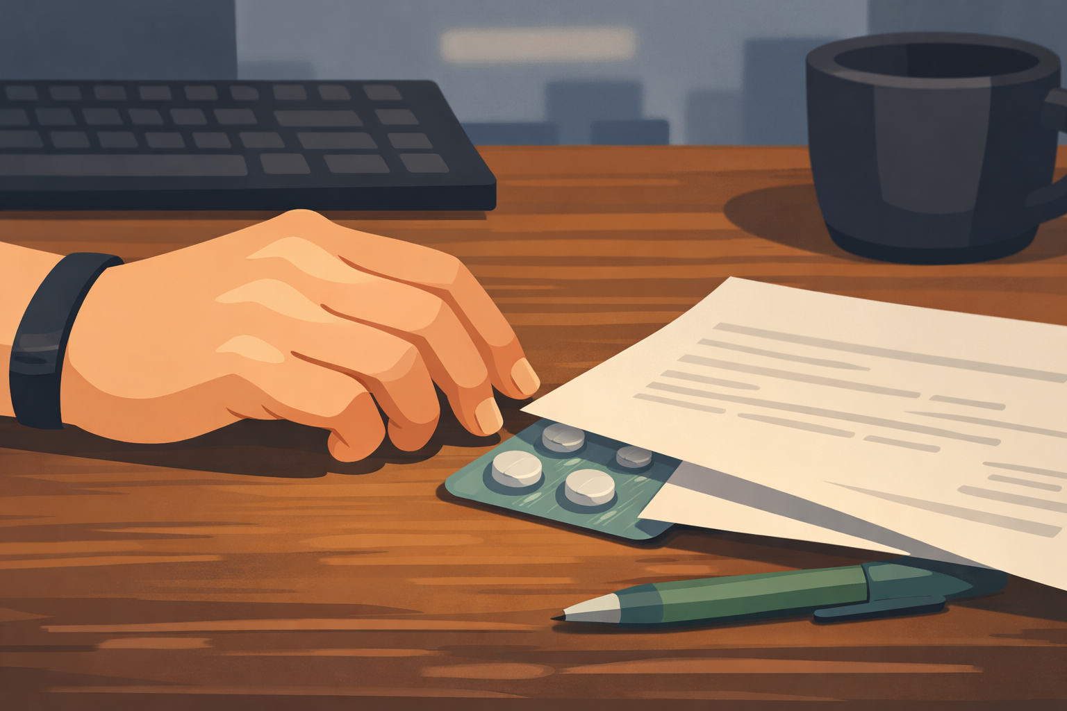 A close-up of a hand resting on an office desk — a blister pack of medication partially concealed under a document, a cold coffee cup in the background, a pen set down mid-thought