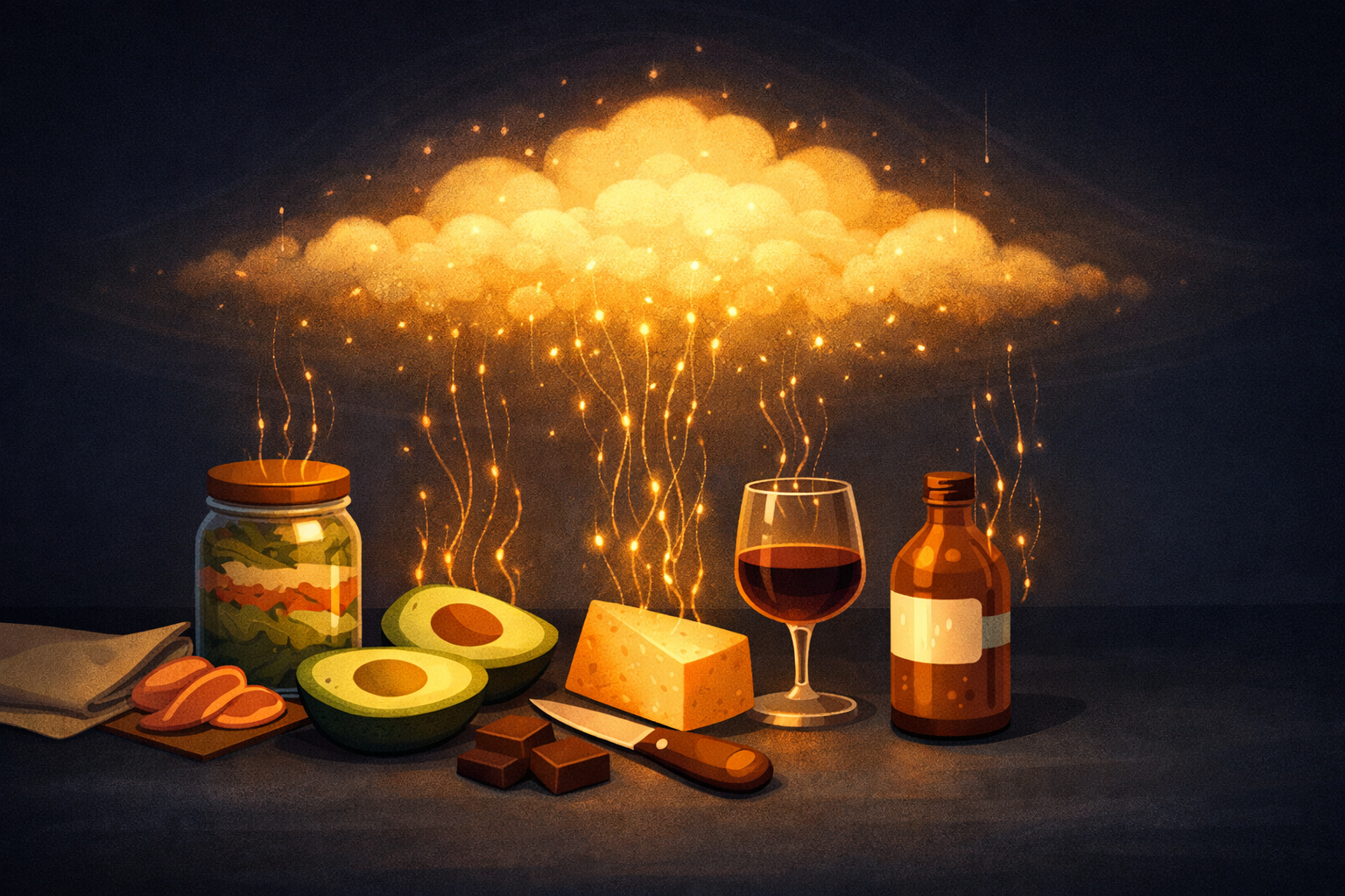 Atmospheric illustration of an elegant table spread of wellness foods — avocado, aged cheese, kombucha, fermented vegetables, wine — with thin luminous amber threads rising from each food and converging into a golden cloud above, representing histamine accumulation from healthy foods
