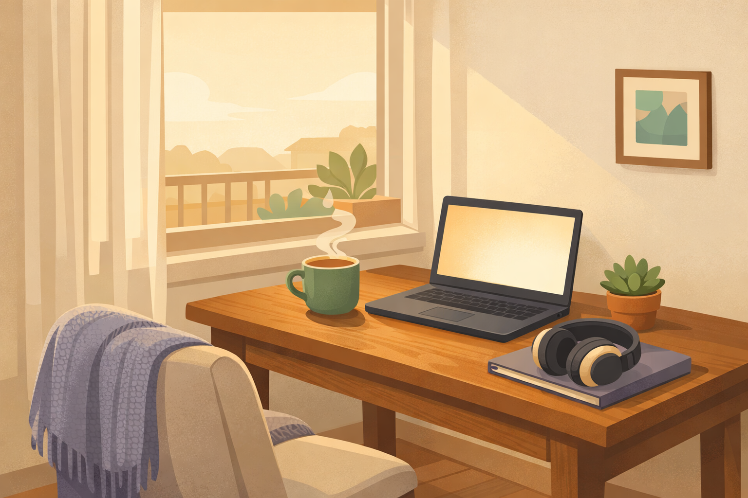A warm home workspace by a window — a laptop open on a wooden desk, a steaming green mug, headphones resting on a closed lavender notebook, a soft blanket draped over the chair, gentle morning light through sheer curtains