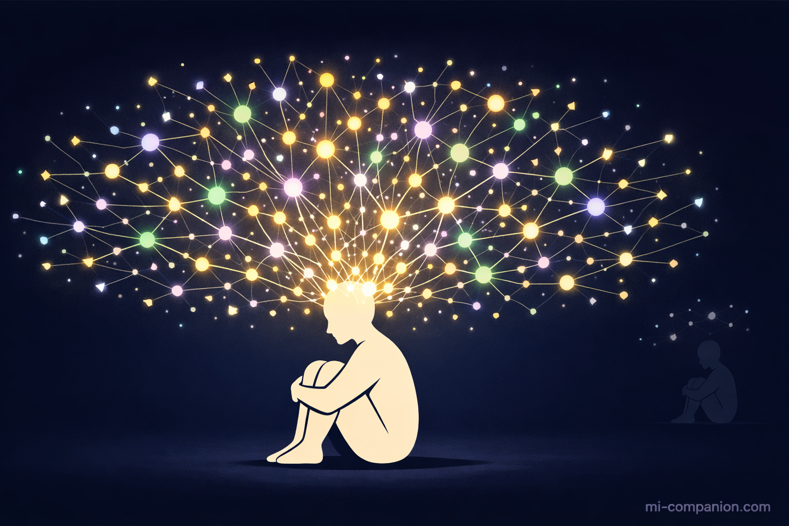 A figure sitting in darkness while an expansive network of glowing neural connections radiates from their head — the hyperexcitable migraine brain illuminating from within