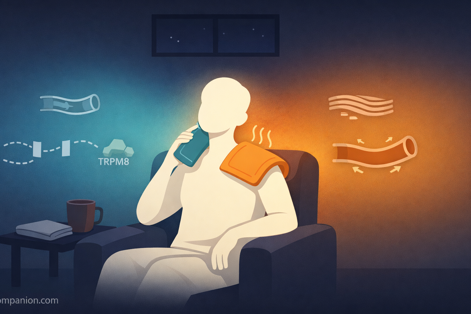 Atmospheric illustration showing the duality of temperature therapy for migraine — cool teal light on the left and warm amber light on the right, converging on a figure finding relief