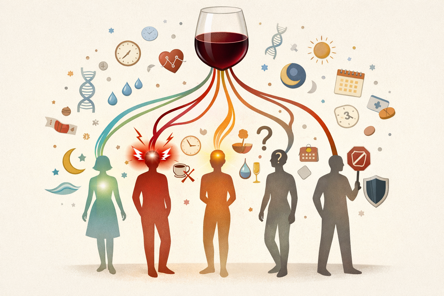 Conceptual illustration showing how the same glass of wine leads to different outcomes for different people based on genetics, sleep, hydration, and other personal factors