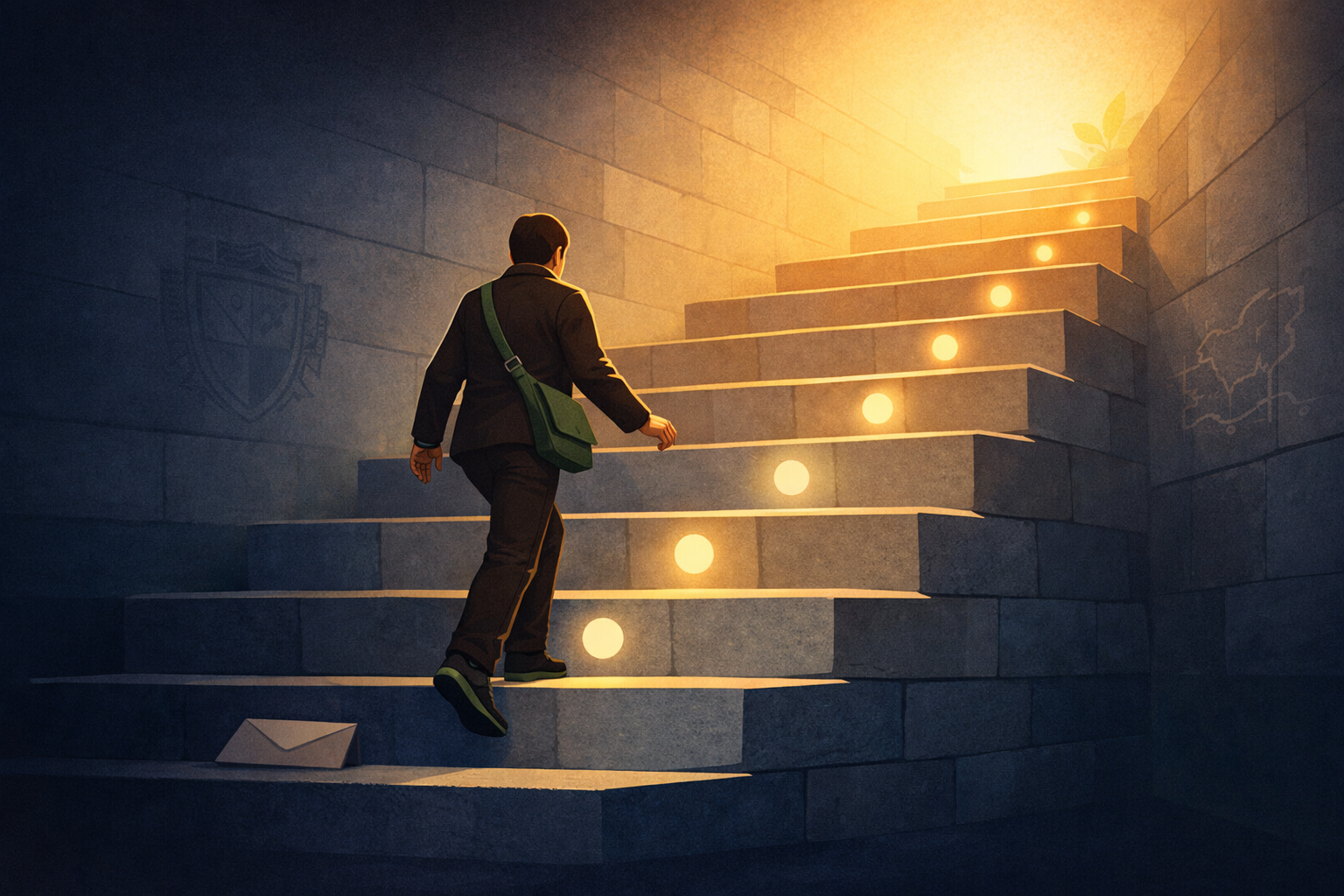 Atmospheric illustration of a lone figure ascending wide stone steps rising toward warm amber light above, each step lit with a glowing node — the appeal process as a real, climbable structure with a denial letter left behind at the bottom