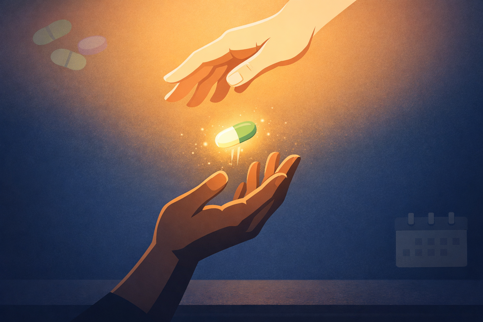 Atmospheric illustration of two hands reaching toward each other from warm light above and cool shadow below, a small glowing green-amber tablet transferring between them — the bridge program as a literal act of reaching across the gap while the appeal processes