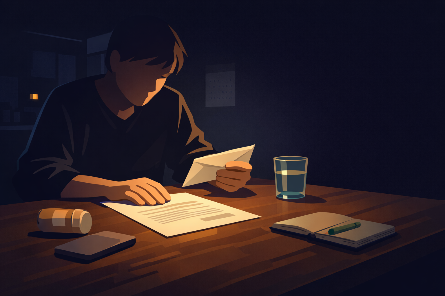 Atmospheric illustration of a person sitting alone at a kitchen table at night holding a denial letter, a migraine diary with a green pen visible nearby — the still moment before deciding to fight back