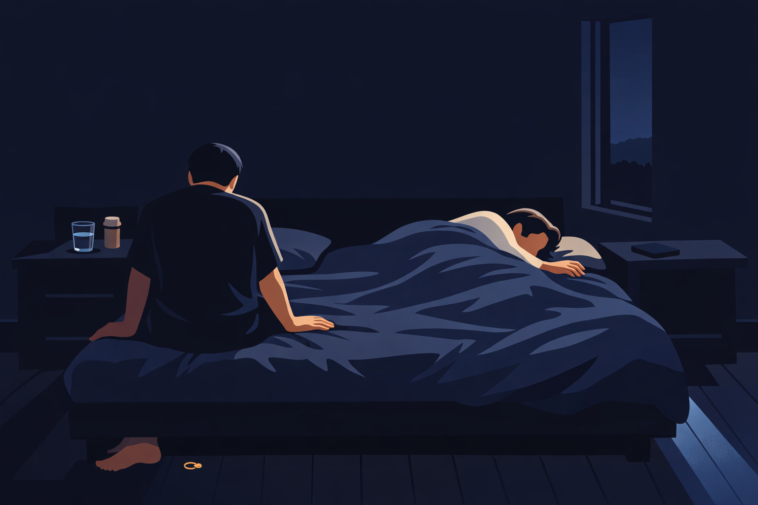Two figures in a dark bedroom at night &mdash; one sitting on the edge of the bed, one lying beneath the covers &mdash; separated by the quiet, specific distance that chronic illness creates between people who love each other
