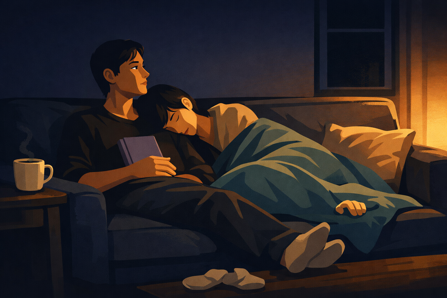 Two people on a warm, dimly lit couch in the late evening &mdash; one reading, one asleep against their shoulder, covered with a blanket someone arranged quietly &mdash; the specific tenderness of presence without performance