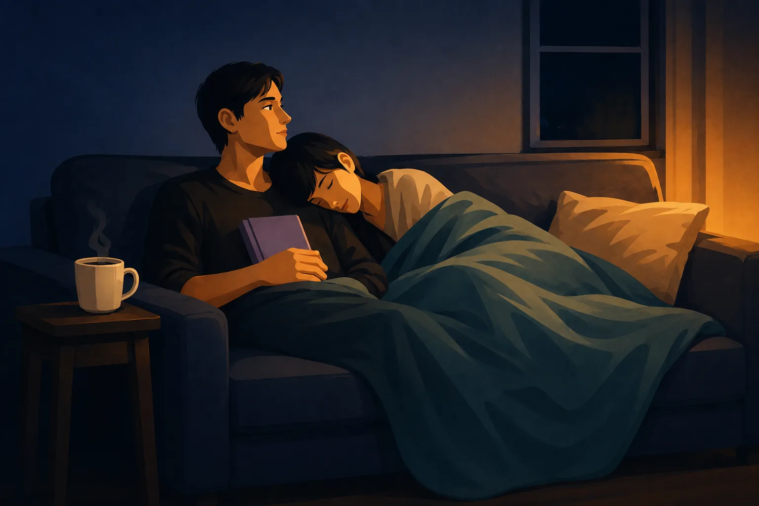 Two people on a warm, dimly lit couch in the late evening &mdash; one reading, one asleep against their shoulder, covered with a blanket someone arranged quietly &mdash; the specific tenderness of presence without performance