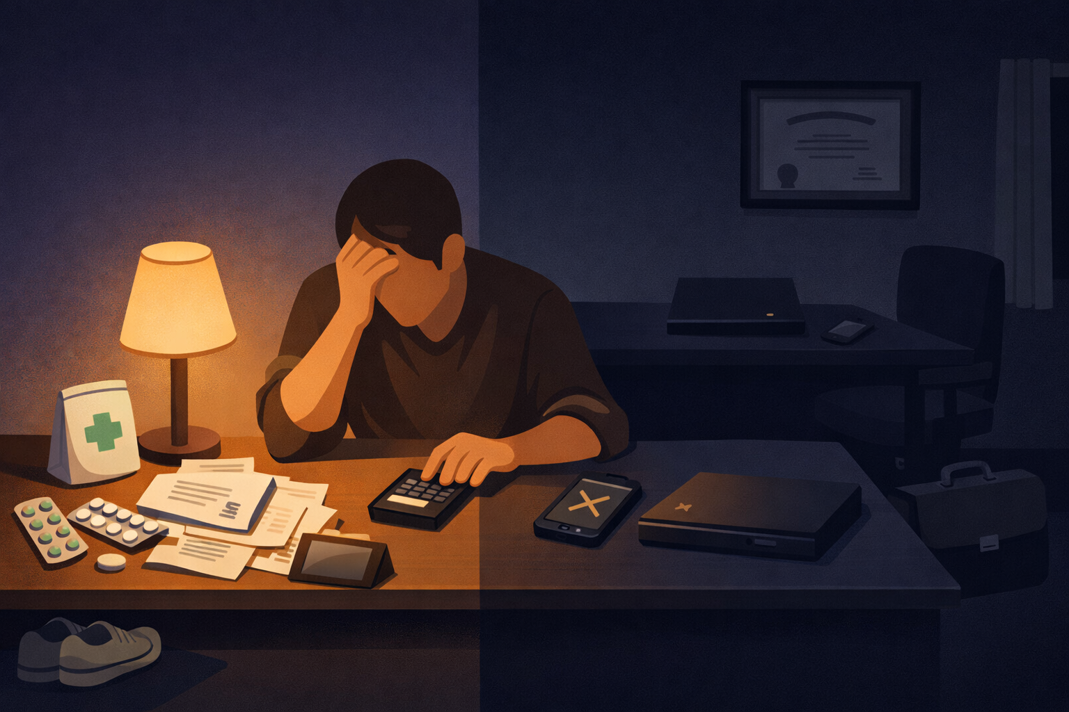 A solitary figure sitting at a desk late at night surrounded by medication packs, medical bills, and a closed laptop — the visible and invisible costs of migraine