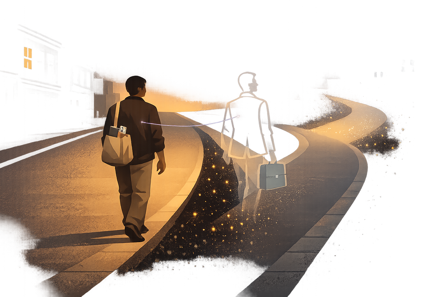 Two figures walking along diverging paths — one solid and grounded, one translucent and fading — representing the shadow career that migraine creates