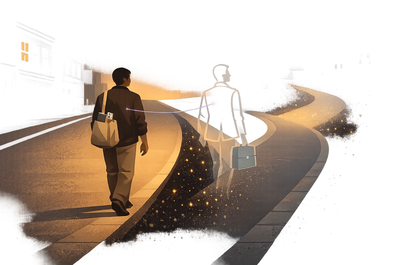 Two figures walking along diverging paths — one solid and grounded, one translucent and fading — representing the shadow career that migraine creates