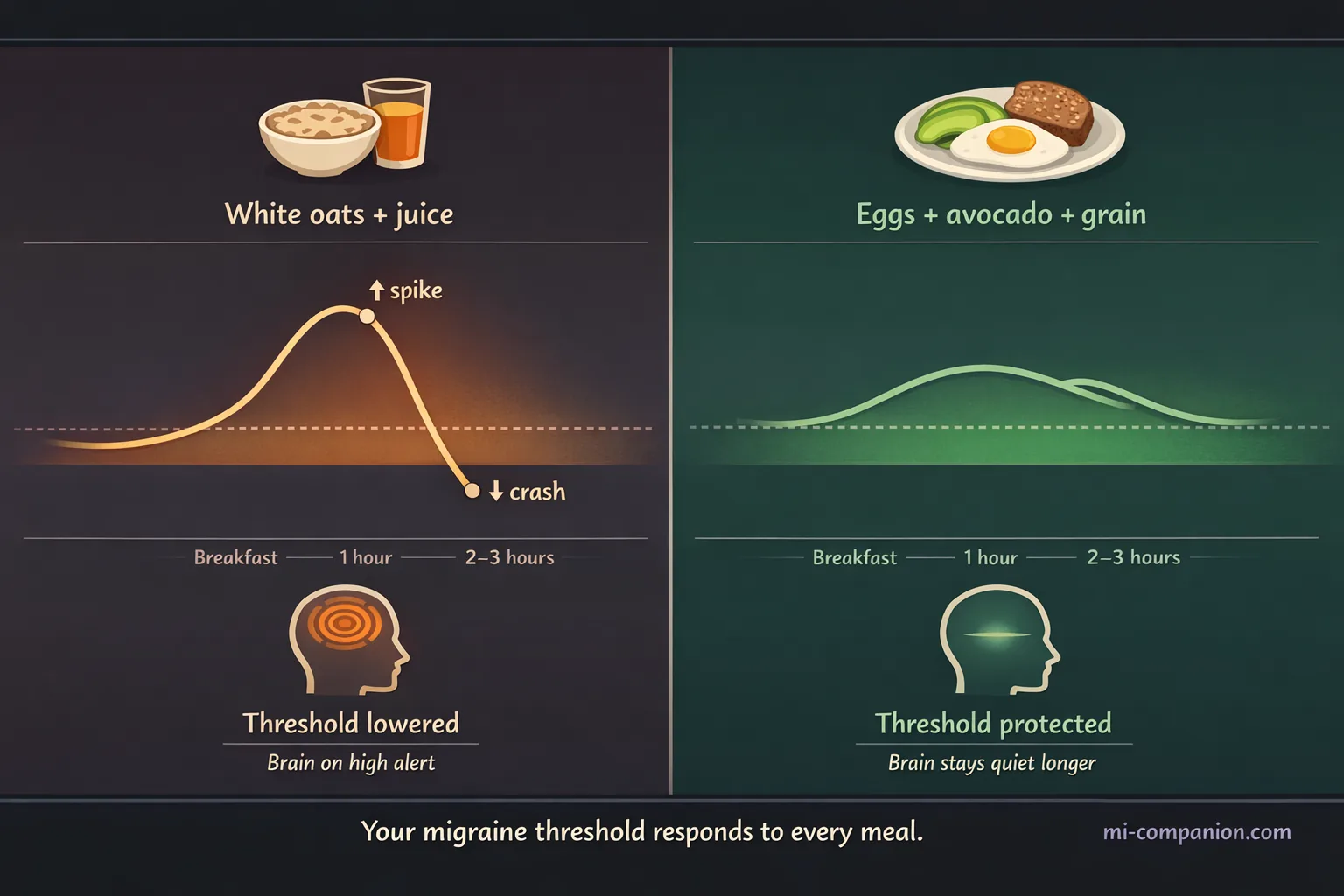 Two-panel infographic comparing blood glucose response: left panel shows a sharp spike and crash after white oats and juice, right panel shows a steady stable curve after eggs, avocado and grain &mdash; with outcomes showing threshold lowered versus brain stays quiet