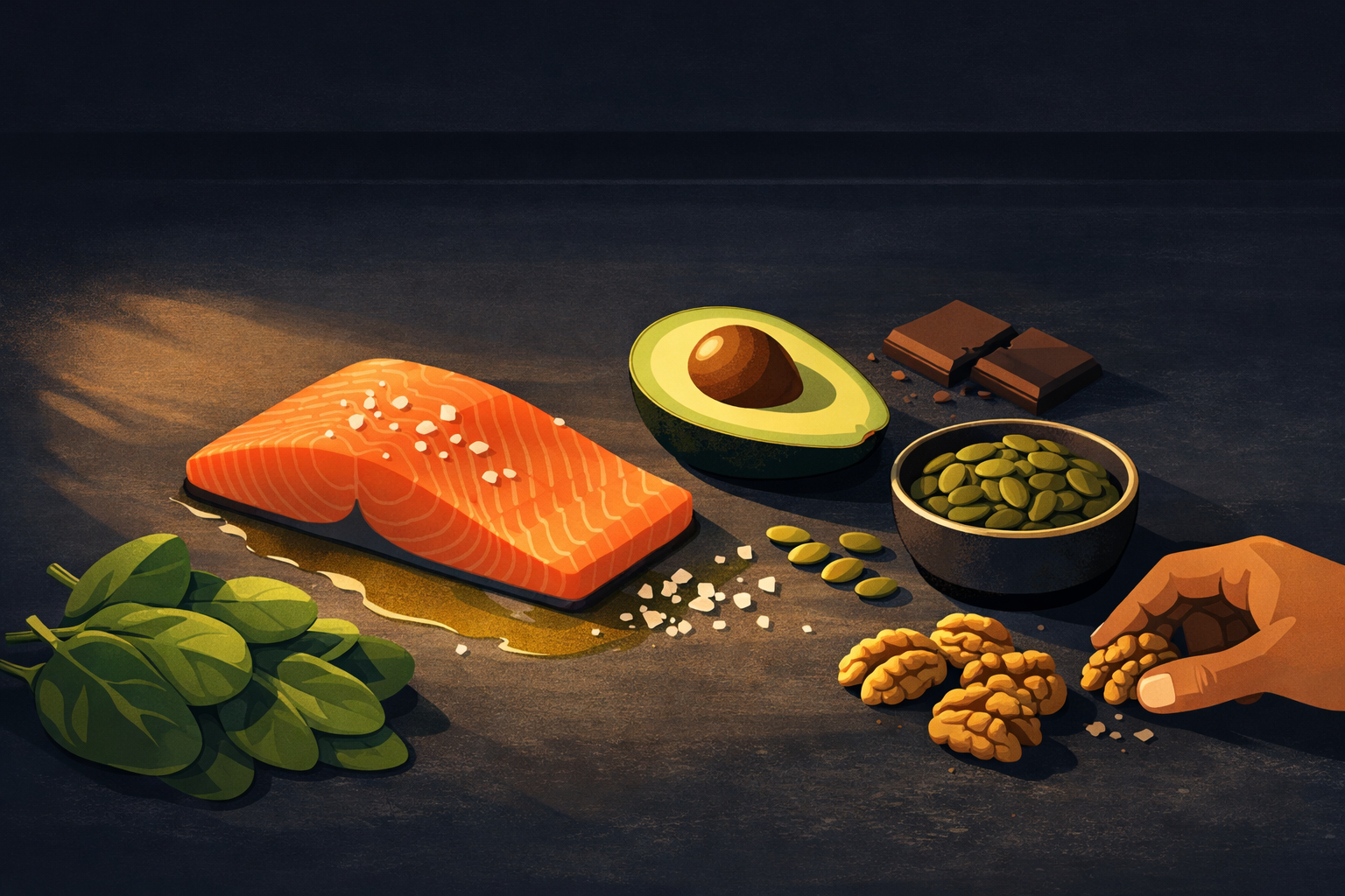 Dark kitchen counter at golden hour with salmon, avocado, pumpkin seeds, walnuts, dark chocolate, and spinach arranged naturally &mdash; foods that actively protect the migraine brain
