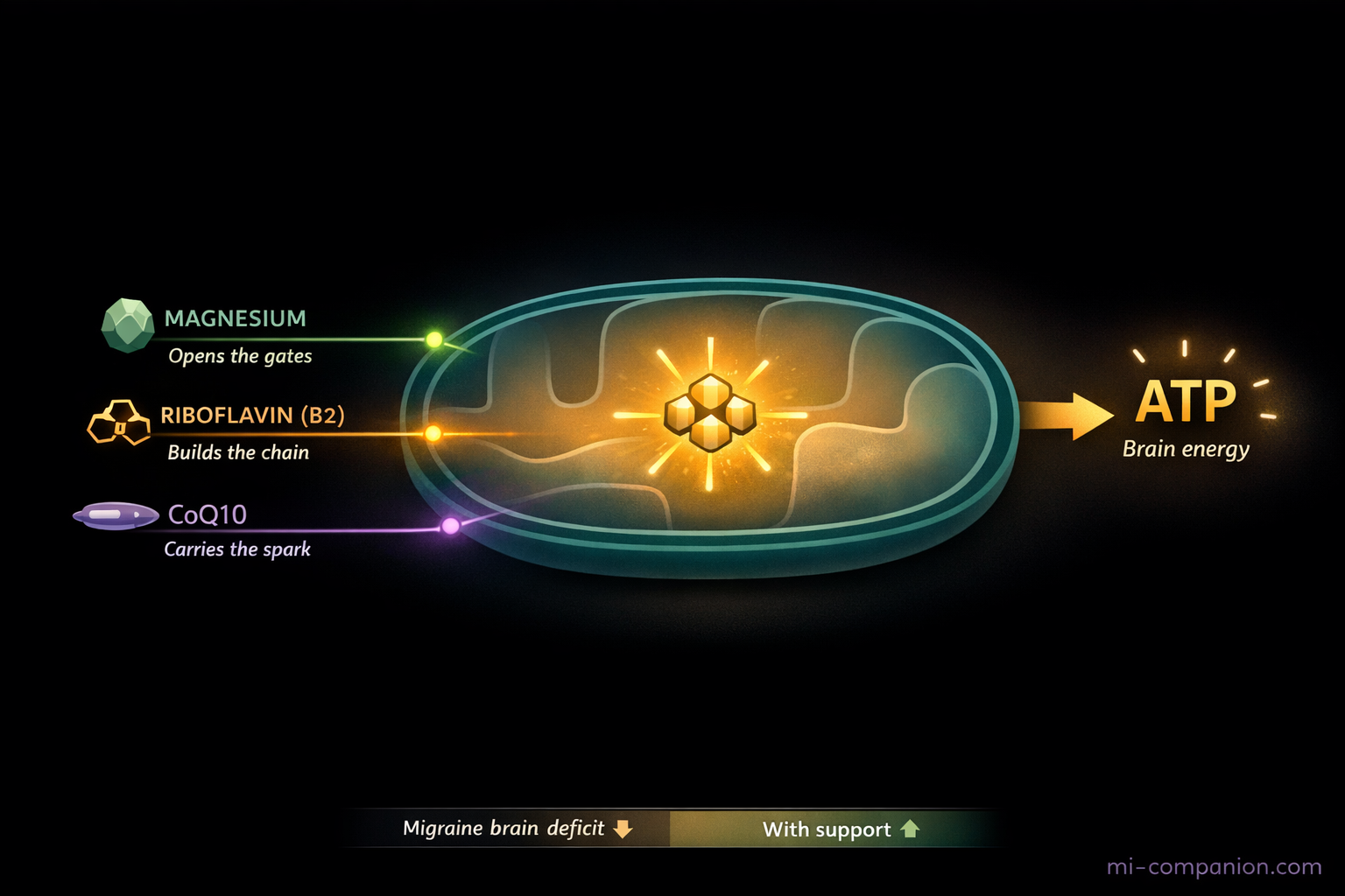Infographic showing how Magnesium, Riboflavin B2, and CoQ10 enter the mitochondria and fuel ATP brain energy production &mdash; with a comparison bar showing migraine brain deficit versus supported brain