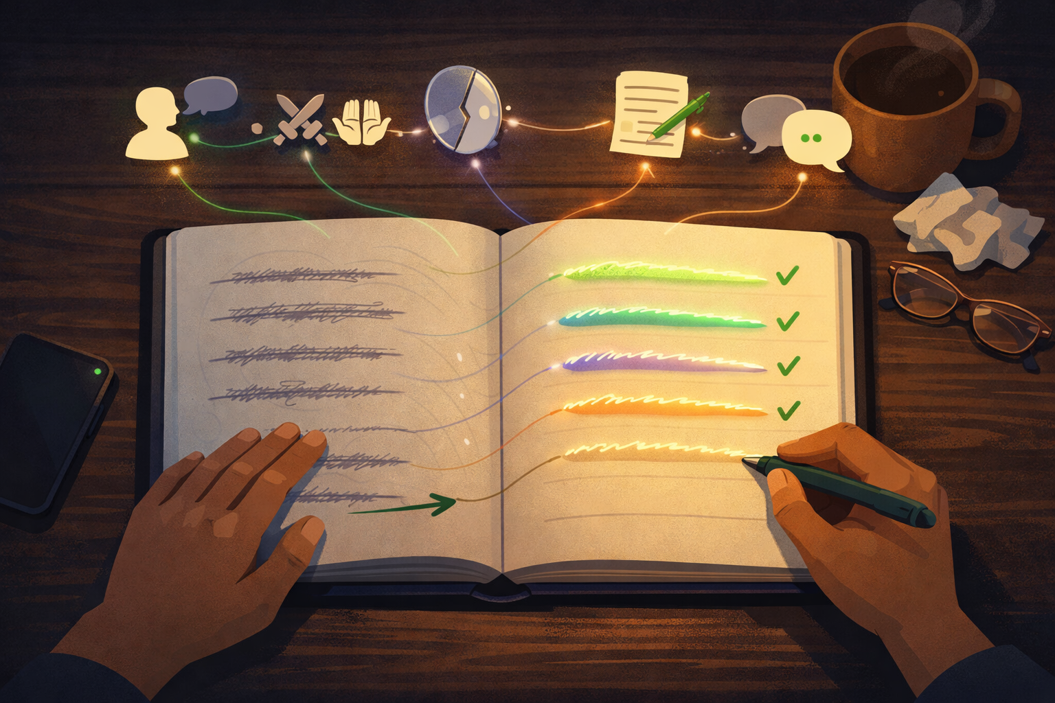 Overhead view of an open journal on a dark table — left page shows crossed-out old migraine phrases fading into shadow, right page shows glowing replacements, with five icons connected by luminous threads representing the language audit steps
