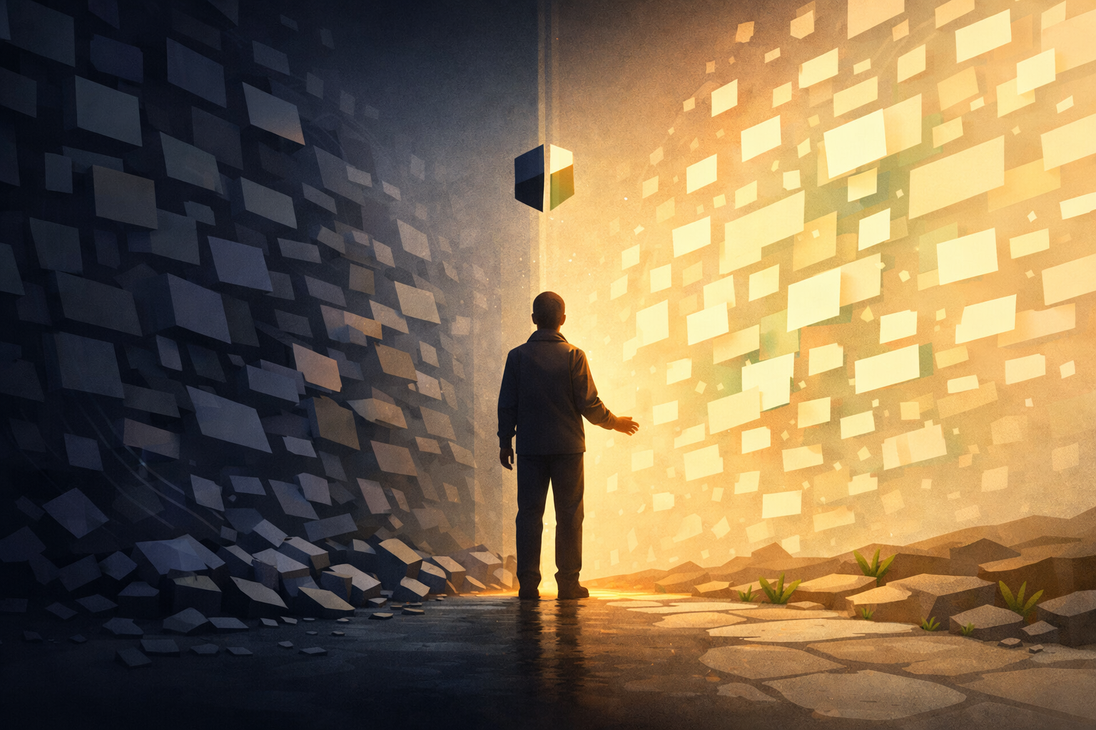 A figure standing between two walls of floating word-fragments — one dark and compressing, one dissolving into warm light — representing the power of language to shape the migraine experience