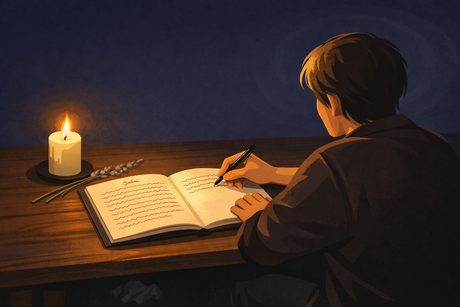 A person seated at a writing desk by candlelight, pen in hand over an open notebook — the warm amber glow of the candle against deep indigo darkness, representing the private courage of therapeutic letter writing