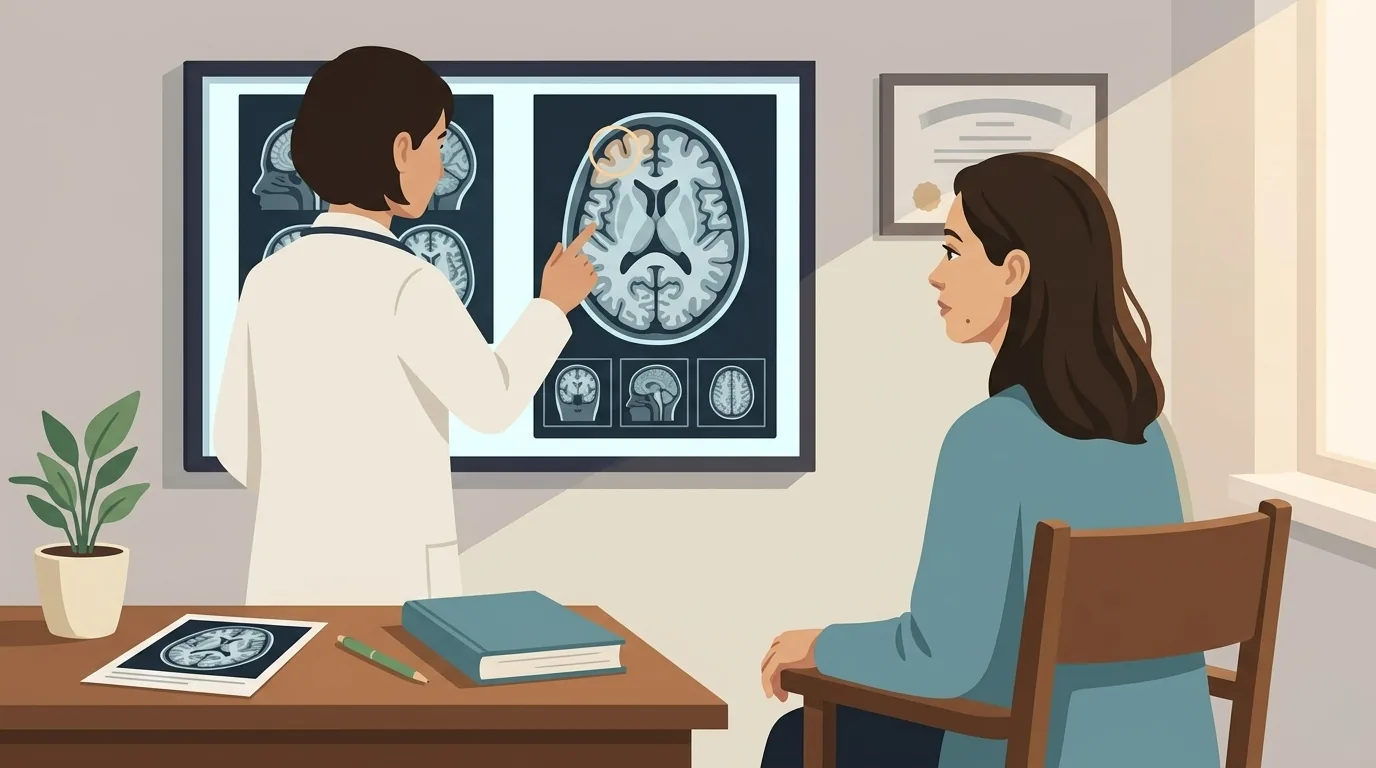 Atmospheric illustration of a woman in a teal cardigan sitting attentively in a neurologist's office while the doctor in a white coat points at a wall-mounted brain MRI scan, with the orbitofrontal cortex region highlighted by a thin amber circle, a simple wooden desk with a green pen and a small potted plant beside the scan lightbox, warm daylight from a window balancing the cool blue light of the medical imaging