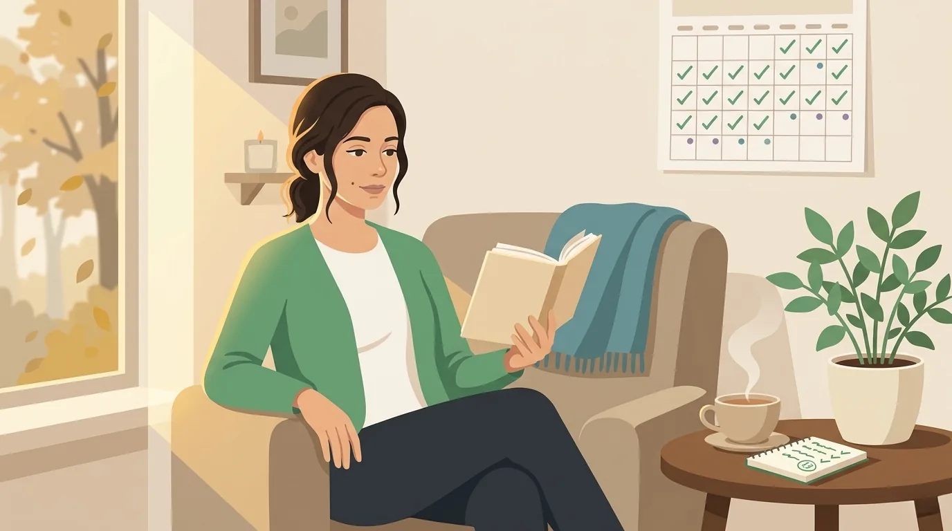 Atmospheric illustration of the same woman six months later, seated in a comfortable reading chair near a window in soft autumn golden-hour light, wearing a light green cardigan, holding an open paperback, with a teacup, her continued tracking notebook showing mostly green checkmarks, and a thriving small potted plant on a side table, and behind her a paper wall calendar visible with most days marked by small green checkmarks signaling fewer migraine days