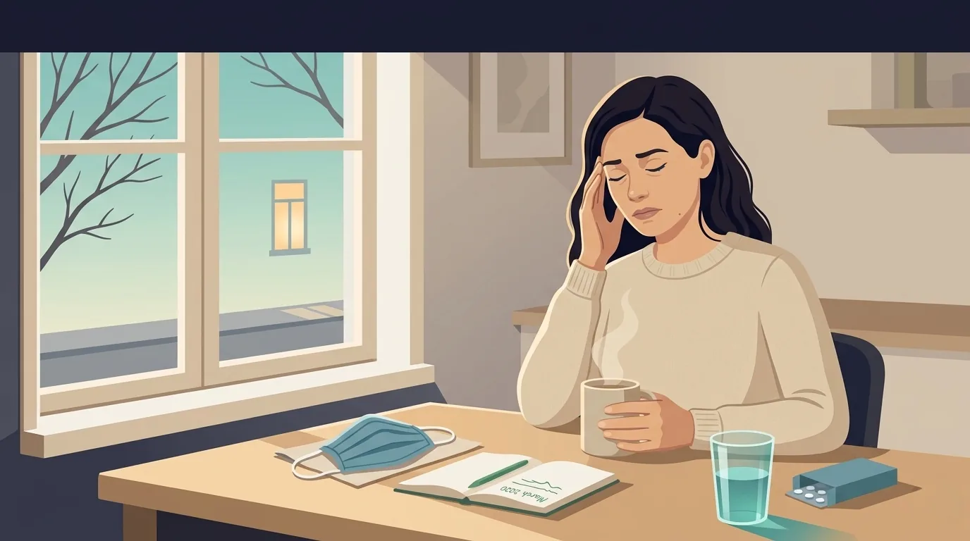 Atmospheric illustration of a woman seated at a kitchen table by a window in early spring 2020 morning light, gently pressing her left temple in the universal gesture of an early-stage headache, a folded blue medical mask resting beside her teacup as quiet evidence of a recent COVID infection, an open tracking notebook with green pen marks and a small over-the-counter medication box on the warm wood table