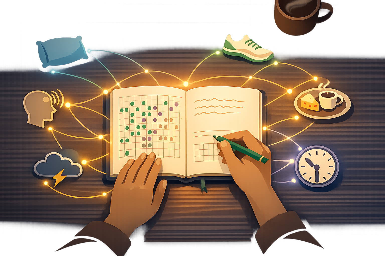 Hands writing in a diary surrounded by luminous threads connecting to icons of daily life — pillow, running shoe, plate, clock
