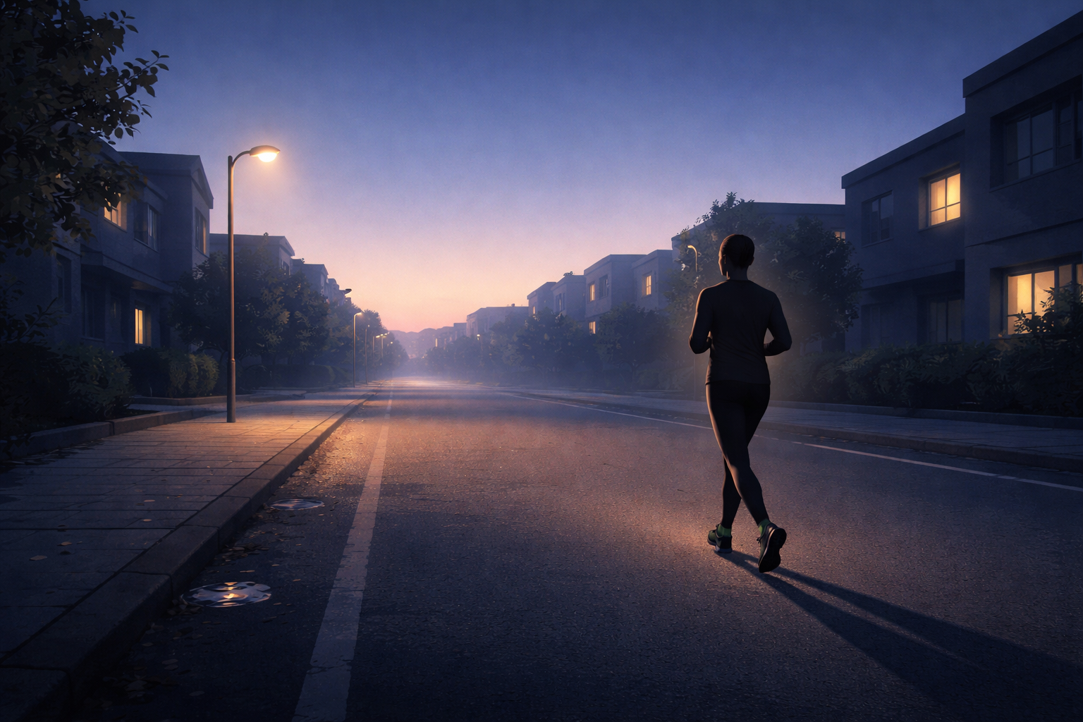 A solitary runner on a quiet residential street in the blue hour before dawn