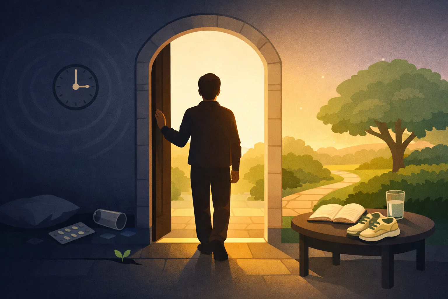 A solitary figure standing in a doorway between a dark room and a quiet luminous garden at dawn