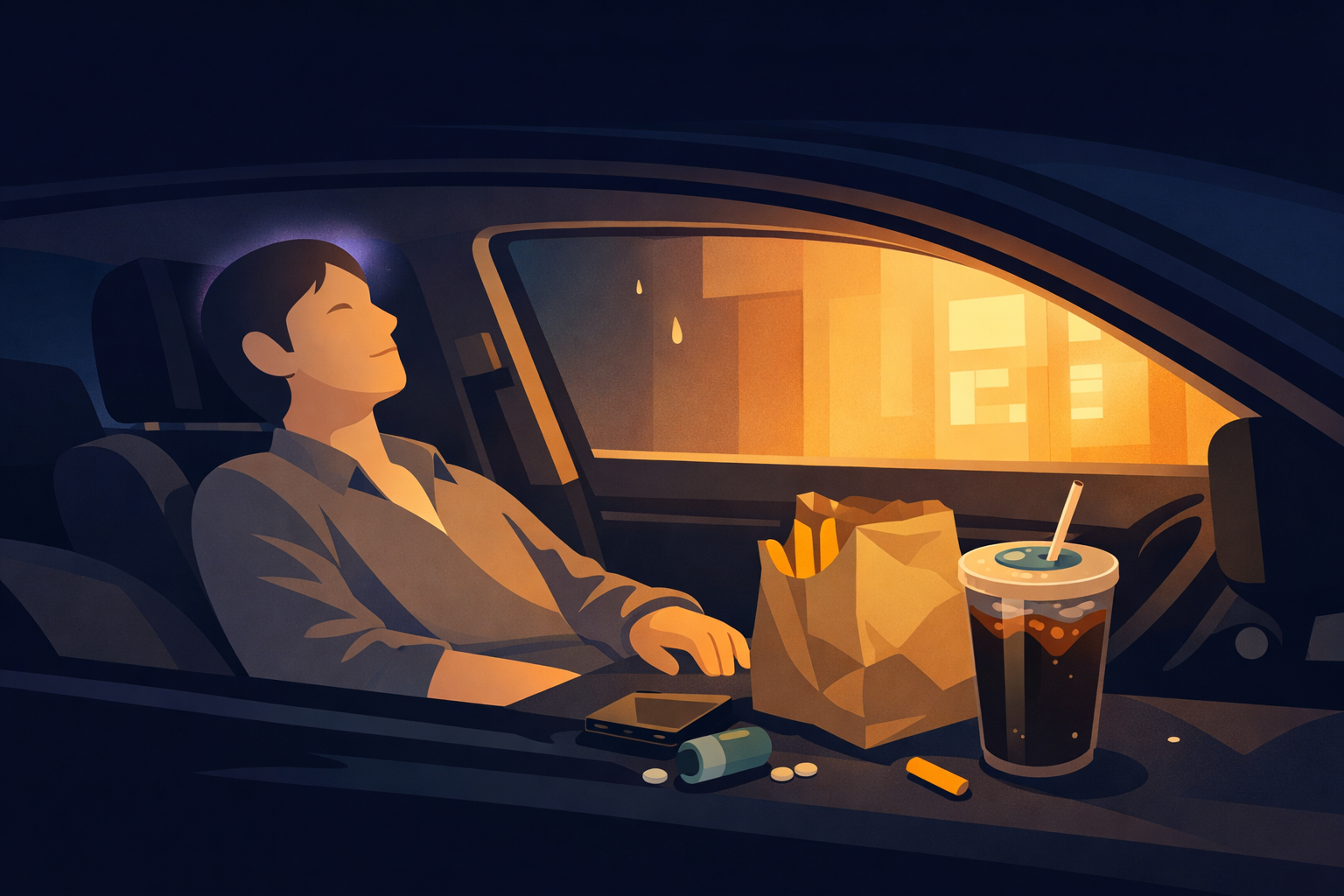 Atmospheric illustration of a person sitting alone in a parked car at night, illuminated by the warm glow of a fast-food drive-thru window, with fries and a fountain drink on the passenger seat — representing the universal migraine craving moment
