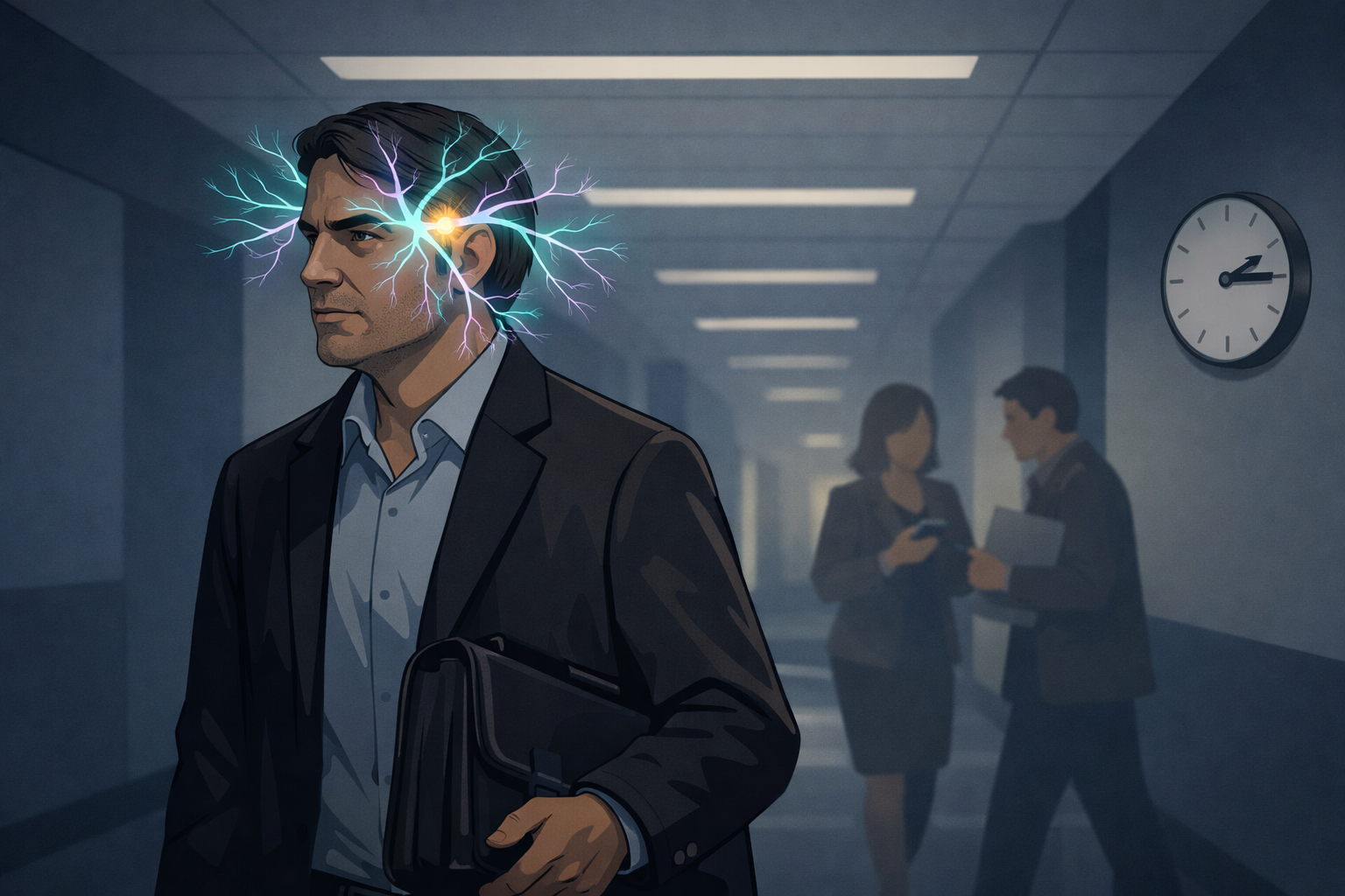 A man in a business corridor walks past colleagues who cannot see the luminous trigeminovascular nerve network radiating from his temples — the invisible biology of migraine made visible