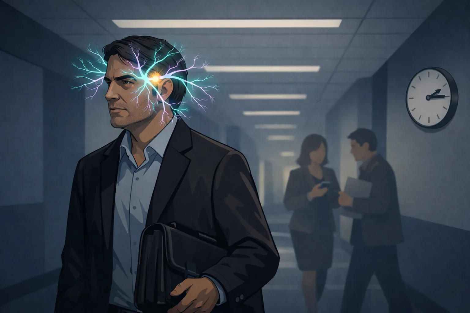 A man in a business corridor walks past colleagues who cannot see the luminous trigeminovascular nerve network radiating from his temples — the invisible biology of migraine made visible
