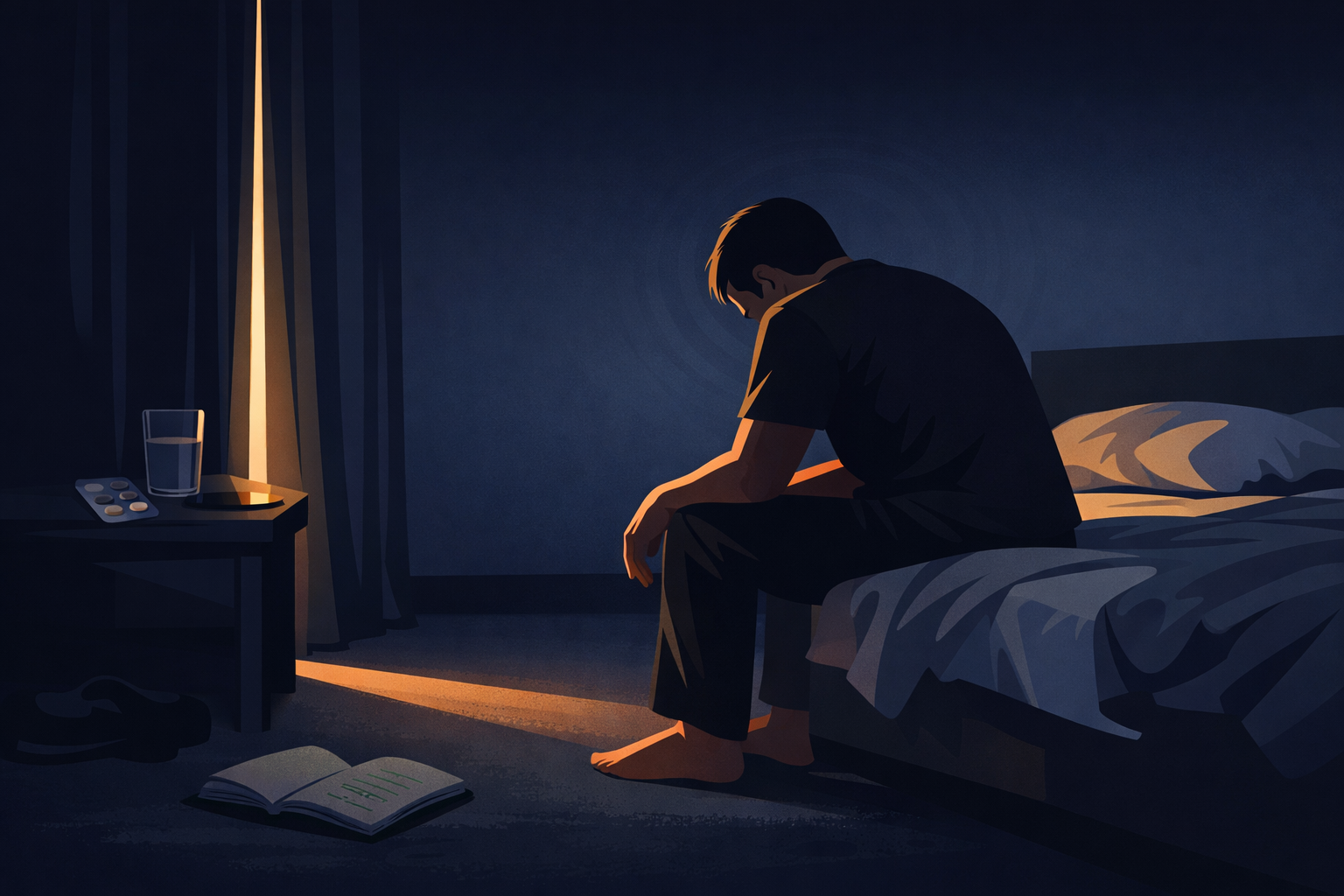 A man sits alone on the edge of a bed in a dimly lit room, head bowed, one hand at his temple — the quiet aftermath of a migraine attack