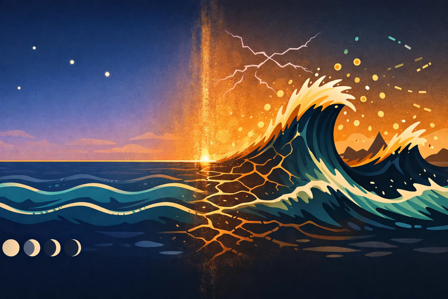 Split visualization contrasting the smooth hormonal wave of reproductive years with the chaotic, fractured pattern of perimenopause