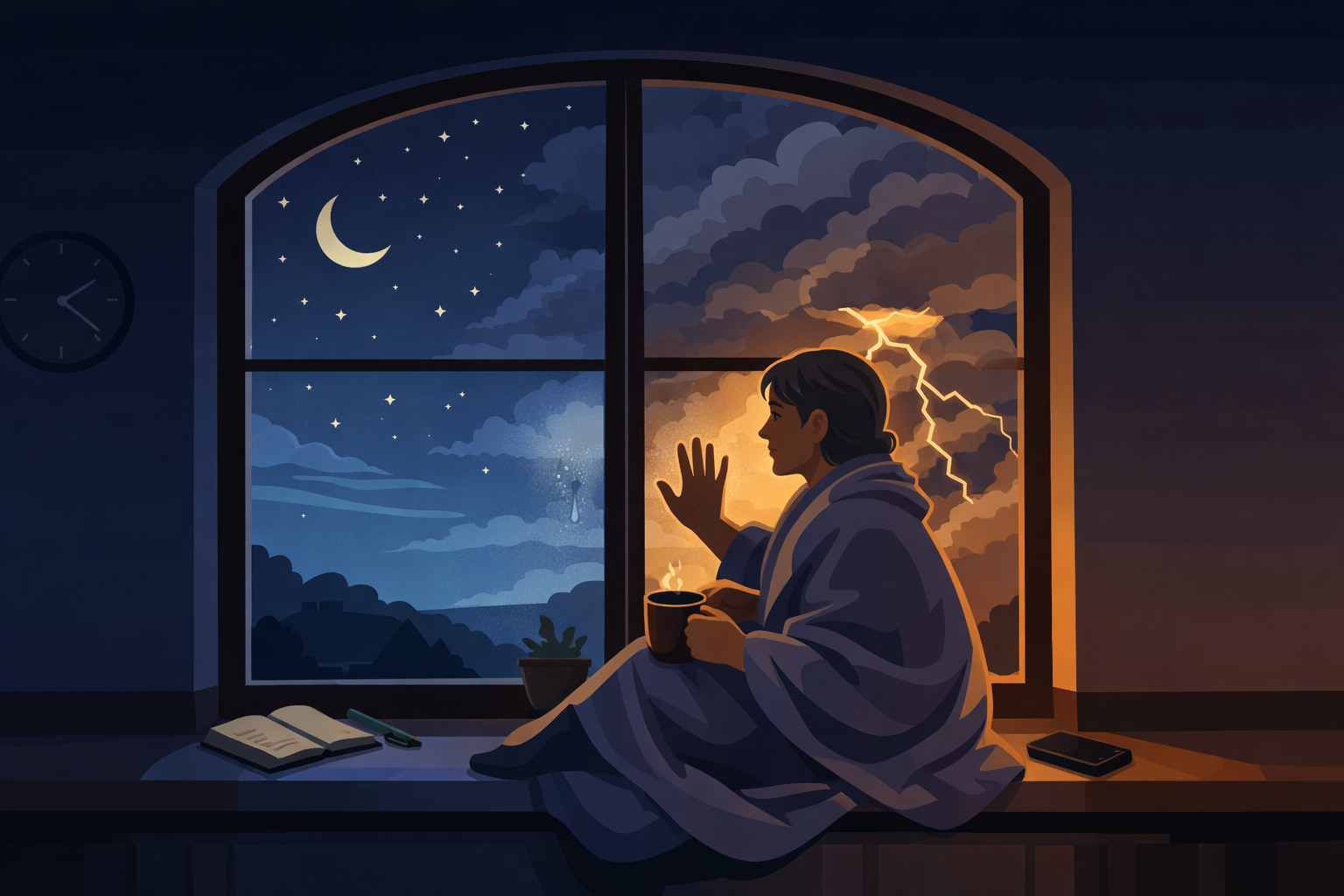 Cinematic visualization of a feminine silhouette standing at the boundary between ordered hormonal waves and chaotic perimenopause &mdash; the eye of the storm