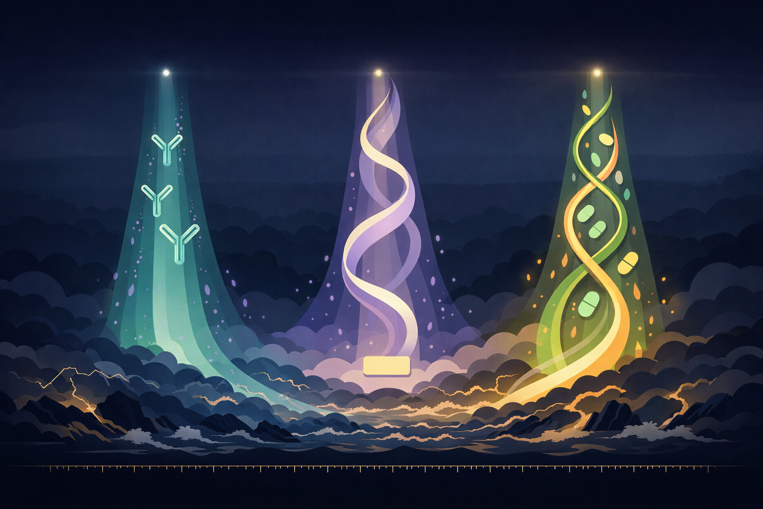 Three ascending luminous pathways representing CGRP antibodies, transdermal HRT, and dual-action medications &mdash; hope rising from the storm