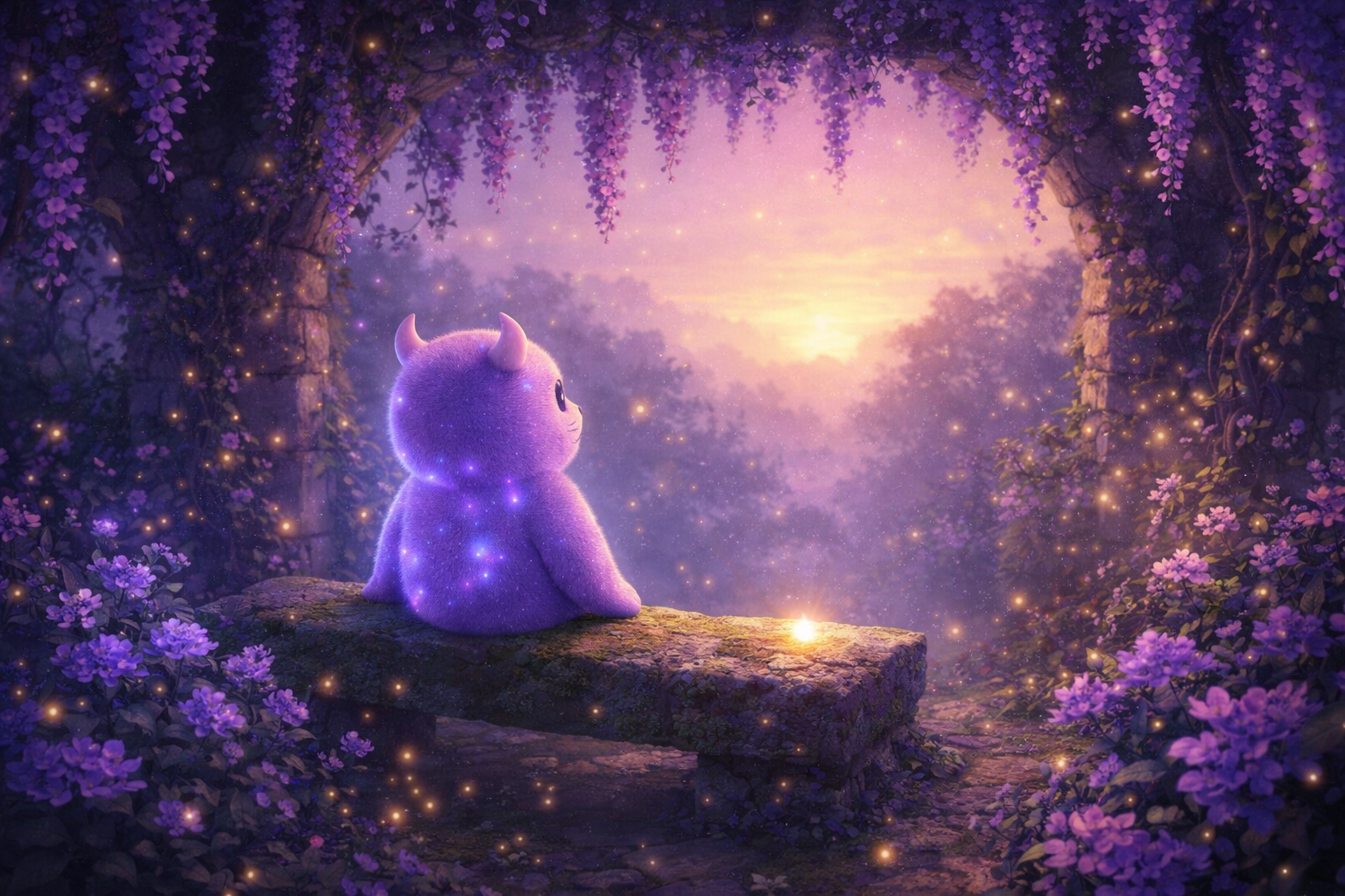 Mi walks along a glowing lavender path toward soft dawn light in an enchanted garden