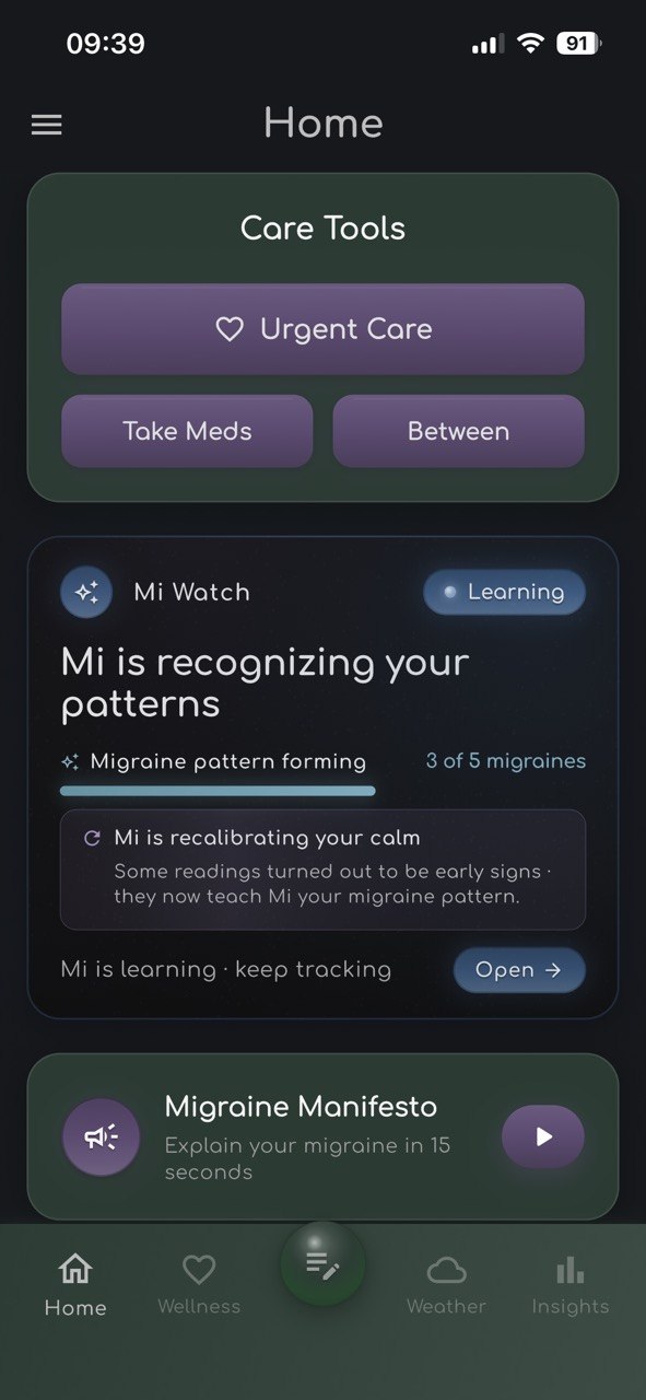 Mi Watch Stage 1 screen — Mi is listening for your patterns, needs 5 migraines to start recognizing early signs