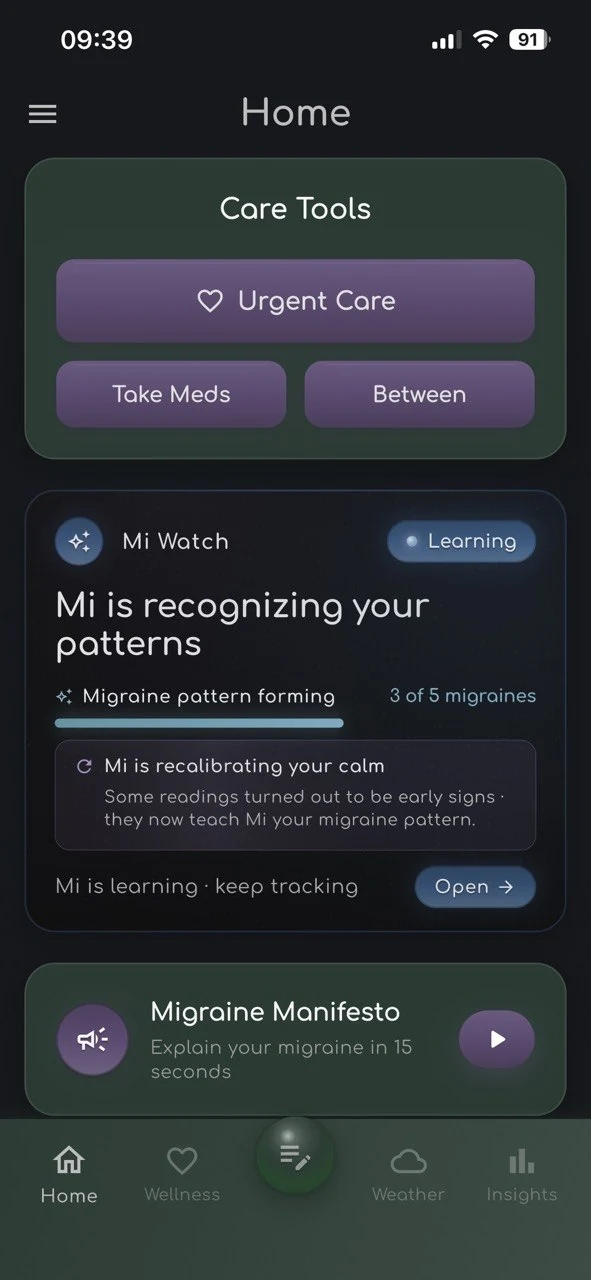 Mi Watch Stage 1 screen — Mi is listening for your patterns, needs 5 migraines to start recognizing early signs