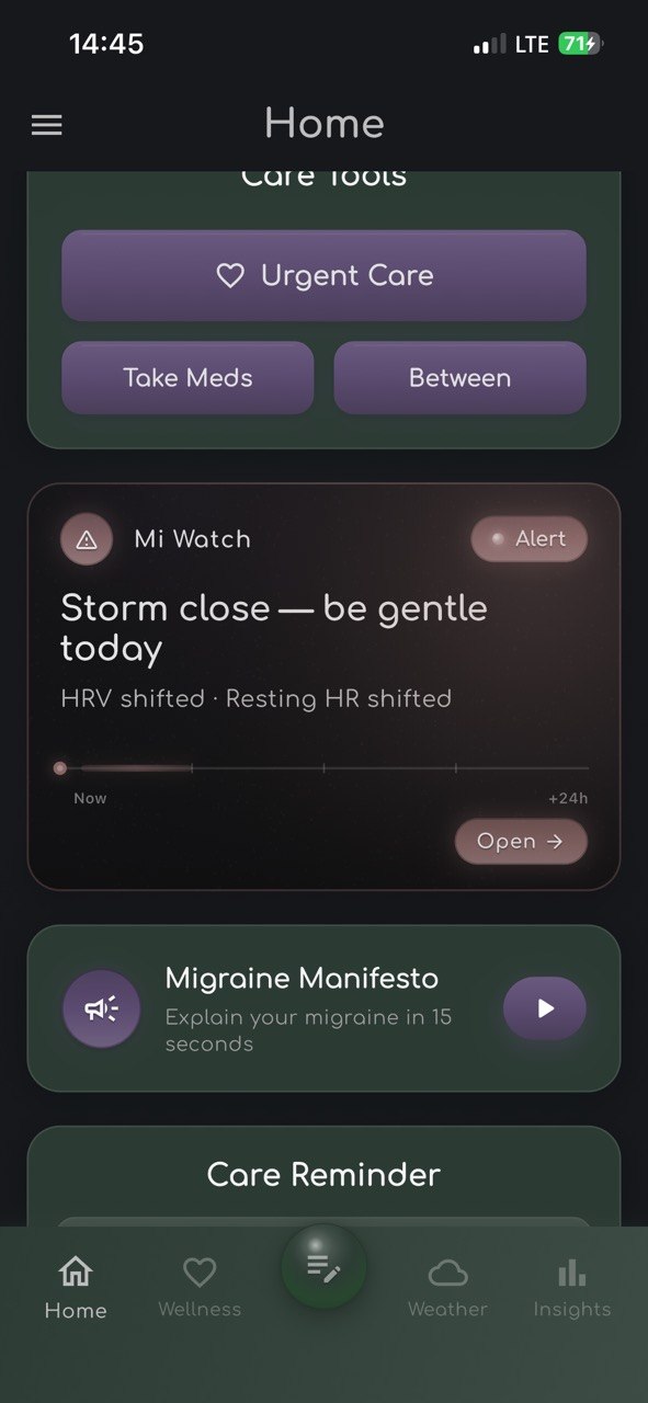 Mi Watch home card showing Storm close — be gentle today · HRV shifted · Resting HR shifted — alert indicator with 1 to 6 hour window