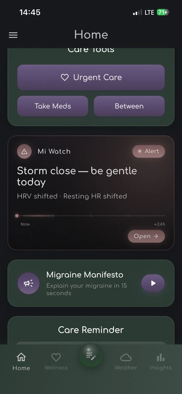 Mi Watch home card showing Storm close — be gentle today · HRV shifted · Resting HR shifted — alert indicator with 1 to 6 hour window