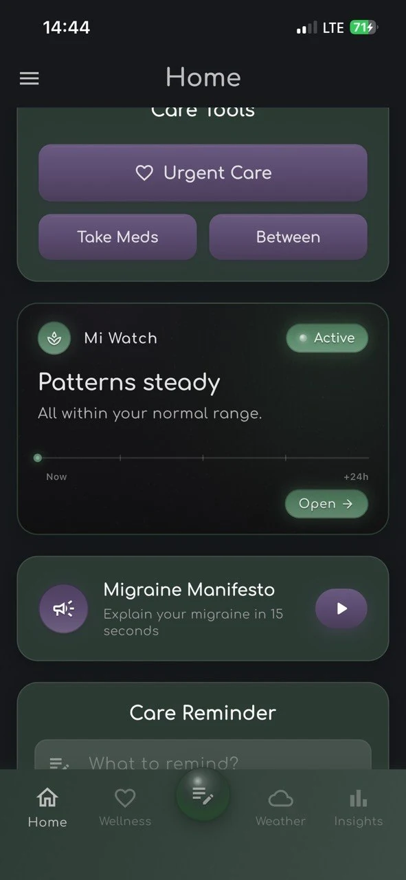 Mi Watch home card showing Patterns steady · All within your normal range — green active indicator