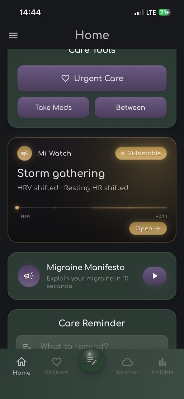 Mi Watch home card showing Storm gathering · HRV shifted · Resting HR shifted — gold vulnerable indicator with 12 to 24 hour window