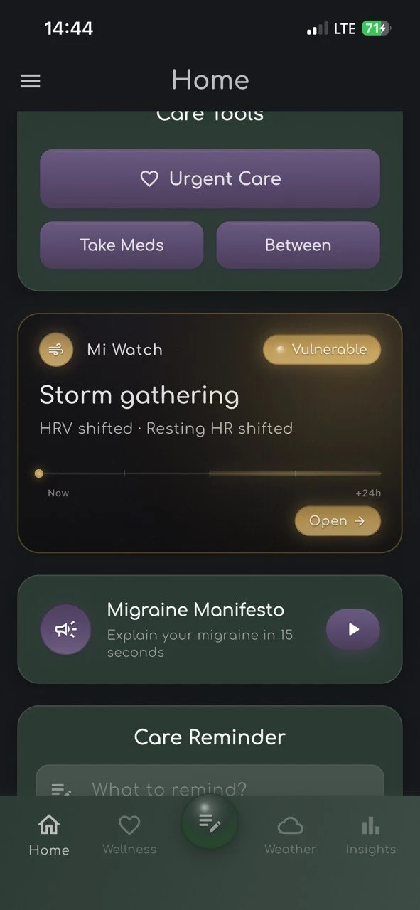 Mi Watch home card showing Storm gathering · HRV shifted · Resting HR shifted — gold vulnerable indicator with 12 to 24 hour window