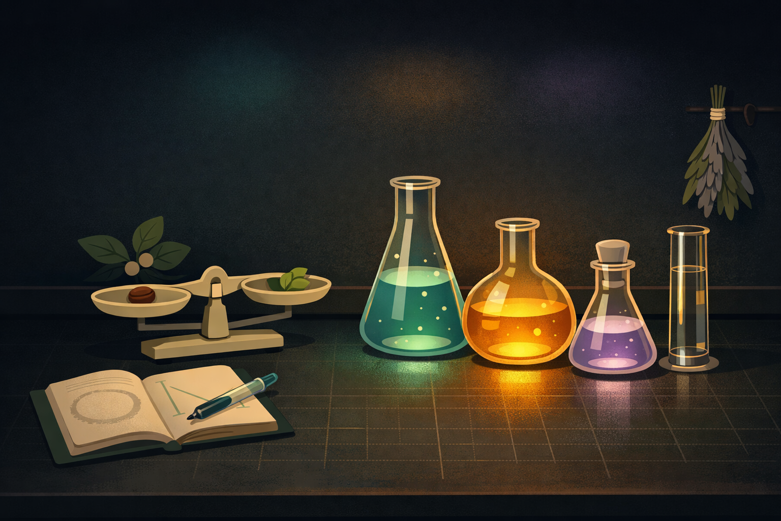 Atmospheric illustration of a scientific laboratory workbench at dawn — glass flasks with teal, amber, and lavender glowing liquids, a balance scale with a coffee bean, botanical specimens, and an open notebook with a caffeine decay curve. Dark forest background with colored light pools.
